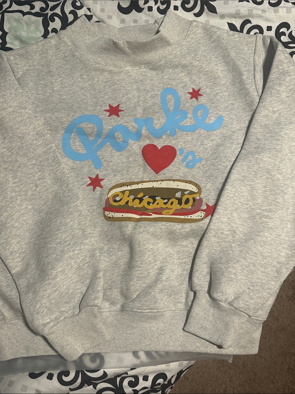 Parke Gray Graphic Sweatshirt,  Blue Script & Multicolor Hot Dog Design, Chicago - Picture 3 of 5